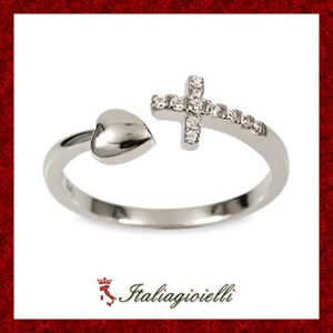 Anello Croce e Cuore Brillante in Argento 925 Rodiato Oro Bianco - Foto 1 di 3