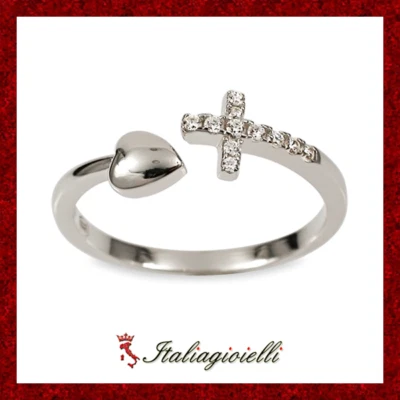 Anello Croce e Cuore in Argento 925 Rodiato Oro Bianco - Immagine 1 di 3