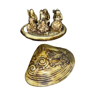 Japanese 3" Resin Clam Shell Diorama w/ Water Wheel Sail Boat Tree Village - Picture 1 of 10