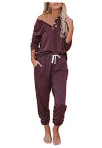 Womens 2 Piece Outfits Pajamas Sets Fall Lounge Sets X-Large Wine Red - Picture 1 of 5