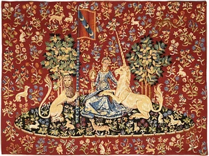LADY & UNICORN 5 SENSES, THE VIEW 92CM X 69CM BELGIAN TAPESTRY WALL HANGING - Picture 1 of 6