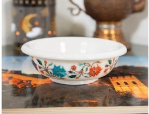 8" Marble Dry Fruit Bowl, Floral Gemstone inlay, Dining Table Decor bowl - Picture 1 of 4