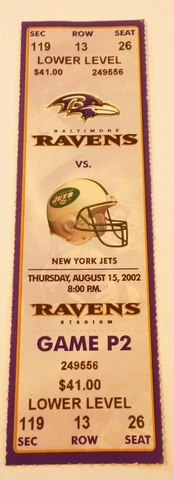 2002 Baltimore Ravens New York Jets NFL Football Unused Ticket Cover