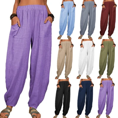 Women Yoga Pants Linen Baggy Trousers Summer Casual Bloomers Loose Breathable - Image 1 of 4