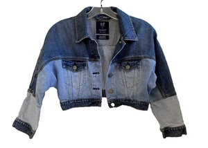 GAP Teen Jean Jacket Patchwork Crop Slouchy 3/4 Sleeve Size M - Picture 1 of 6