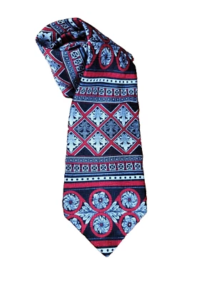 100% шелковый галстук Carlos Piati красный черный серебро стилизованные геометрические и цветочные фигурки - Изображение 1 из 3