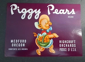 Etiqueta de caja de peras PIGGY PEARS 10,5x7,5 pulgadas vintage de Medford, Oregon - Imagen 1 de 3