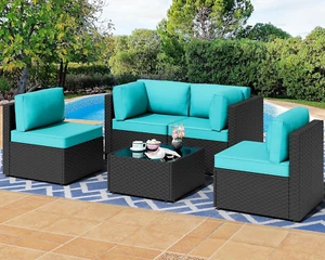 5 Pieces Outdoor Patio Sectional Sofa Couch, Black PE Wicker Furniture Sets, Pat - Picture 1 of 7