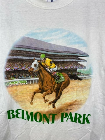 Vintage 1997 Belmont Park Stakes Horse Racing Tee T-shirt XL White Men Cotton Cover