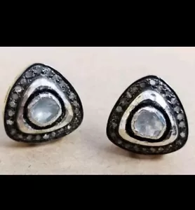 925 Sterling Silver Polki Diamond Earring Triangle Shape Stud Fine Jewelry - Picture 1 of 6