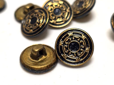 Vintage Brass Black Enamel Shank Buttons Set of 28 • 1/2" Ornate Baroque Design - Image 1 of 4
