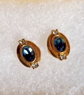 Pendientes de poste ovalados vintage disfraz Avon tono dorado azul y cristal regalo para mujer Foto 1 de 4