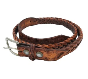 Vintage braun handbesetzt geflochten geflochten Ledergürtel silberne Schnalle Western Boho - Bild 1 von 4