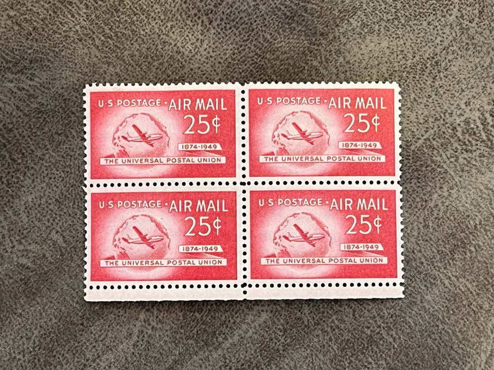 VINTAGE Plate Block of 4 US Air Mail Aviation 25 Cent Stamps, 1949 - Image 1 of 1