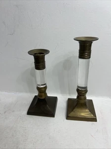 Pair MCM Brass and Lucite/Acrylic Graduated Candlestick Holders 7.5” Other 6.5” - Picture 1 of 5