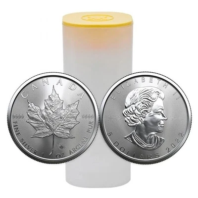Hoja de arce de plata Canadá 2022 - 1 oz - $5 - 1 rollo - veinticinco monedas de 25 gemas Bu Foto 1 de 4