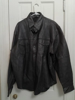 Men's Real Leather Shirt Military Style Pocket Biker Black 3XL Shaket C5 - Image 1 of 4