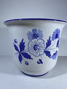 Italian Porcelain Blue & White Floral Cachepot Planter Jardiniere 6.5”W x 8” H - Picture 1 of 9