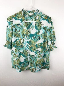 Pleione V-Neck Short Sleeve Top SZS Teal Yellow Paisley Button Front Career A16 - Picture 1 of 5