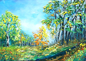 Herbst Birken Wald Landschaft Original Ölgemälde.Ohne Rahmen.15х21 cm