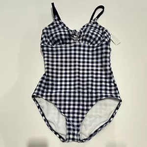 Women's Tie Front One Piece Swimsuit - Navy Gingham Print S, Blue - Picture 1 of 4