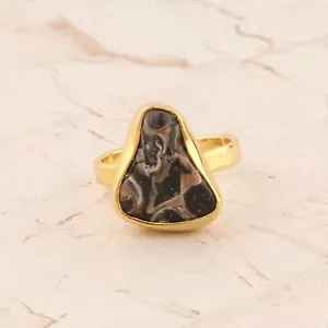 Wholesale Jewelry Real Black Turtella Jasper Yellow Gold Plated Adjustable Ring  - Picture 1 of 3