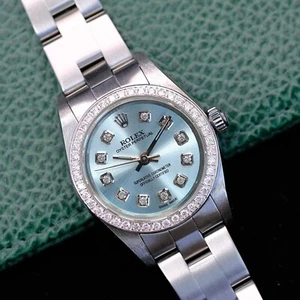 Rolex Oyster Perpetual Ladies Watch Ice Blue Dial W/ Genuine Diamond Bezel 25mm - Picture 1 of 16