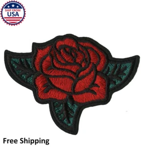 Red Green Rose Flower Embroidered Iron-On/Sew-On Patch Applique - Picture 1 of 3
