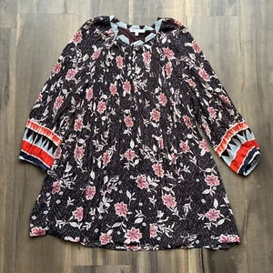 DR2 Women’s Boho Dress Long Sleeve Floral Graphic Print Plisse Lined Large - Picture 1 of 18