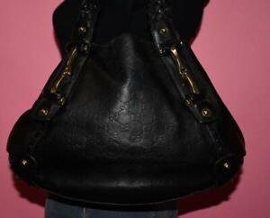 Authentic GUCCI Guccisima Pelham Horsebit Black Leather GG Shoulder Bag Purse
