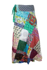 Boho Chic Hippie Floral Patchwork Skirt in Cool Tones Printed Ethnic Skirts