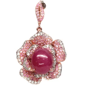 Gemstone 15 X 18 mm. Red Ruby, Sapphire & Zircon Flower Woman Brooch 925 Silver - Picture 1 of 4
