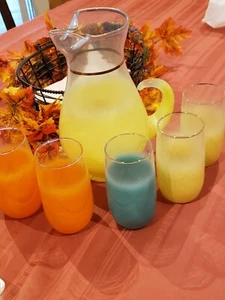 Vintage West Virginia Glas Blendo matt gelb Krug und 5 14oz Gläser - Bild 1 von 4