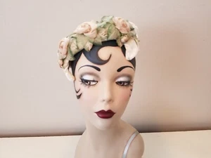 Vintage 1950's Floral Casque Style Hat with Roses, Rosebuds and Silk Leaves - Picture 1 of 10