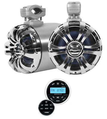 2 Rockville WB65 6.5" 600w Metal Marine Wakeboard Swivel Tower Speakers+Receiver - Image 1 of 4