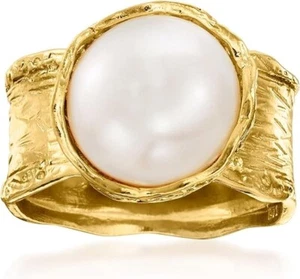 Ross-Simons 11.5 -12mm cultured button Pearl Ring 18ktGold over silver (Size 10) - Picture 1 of 18