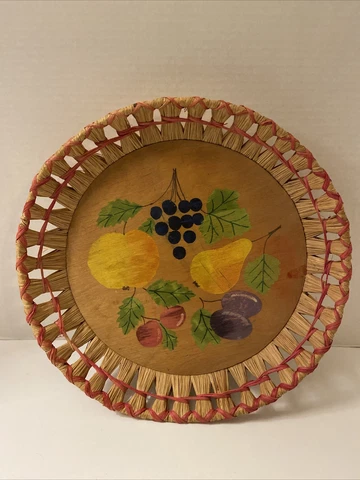 Vintage Large Hand Painted Wooden Fruit Design Basket Tray Home Decor 12” Cover