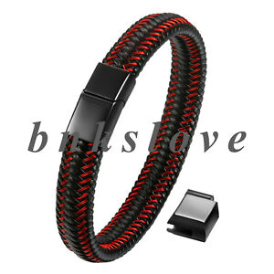 Mens Braided Leather Bracelet Stainless Steel Adjustable Magnetic Clasp Bangle