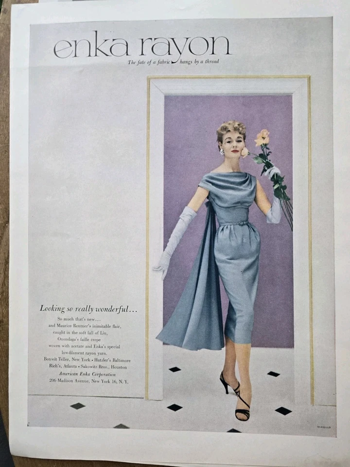 1954 Women's Enka Rayon Blue Maurice Rentner dress cape vintage Fashion ad - Image 1 of 1