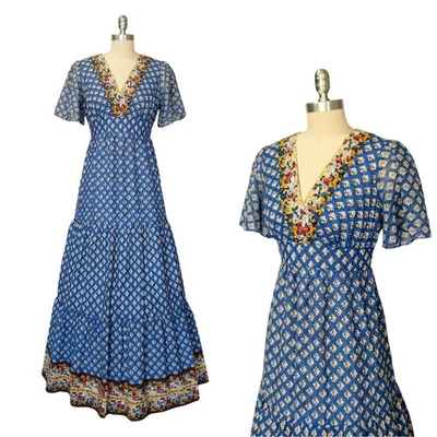 Vintage 70s Prairie Maxi Dress Size M 11 Blue Floral Calico Tiered Terri Juniors - Image 1 of 4