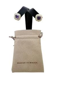 David Yurman Sterling Silver & 14k Gold Amethyst Albion Cable Earrings - Pouch - Picture 1 of 6