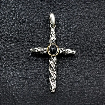 Colgante Cruz Espiral Gótico Pesado S925 Plata de Ley Ágata Negra Motociclista Amuleto Foto 1 de 4