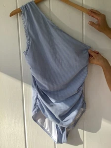 J. Crew One Shoulder gefütterter Einteiler Seersucker Badeanzug blau weiß gestreift Gr. 14 - Bild 1 von 11