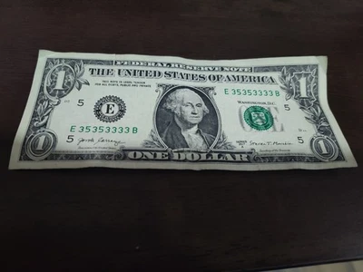 BINARY-6 Of A Kind 3's-QUAD-2017 A $1 Dollar Fancy Note-E35353333B - Image 1 of 2