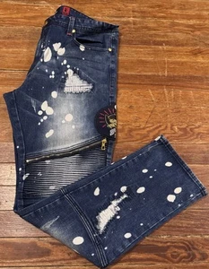 MAKOBI Moto Biker Jeans Herren Gr. 38x32 Blau Acid Wash Skinny Distressed - Bild 1 von 7