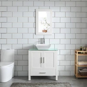 30" White Bathroom Vanity Sink Combo Modern Bathroom Cabinet with Glass Top - Picture 1 of 9