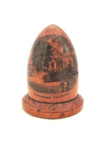 antique, MAUCHLINE, Sewing, THIMBLE holder, "HORNSEA CHURCH" Cover