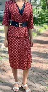 NWT Vintage SEARS U.S.A 1980s Career Peplum Dress Red Black SHOULDER PADS, 11/12 - Picture 1 of 18