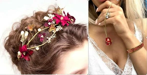 Bridal Shower Gift for Her Red Ruby Bracelet & Faberge Egg Necklace & Tiara 24K - Picture 1 of 12