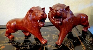Chinese Huanghuali Wood Carved 10" 4.75 Lbs Foo Dog Lion Pair Statue rare HTF! - Picture 1 of 22